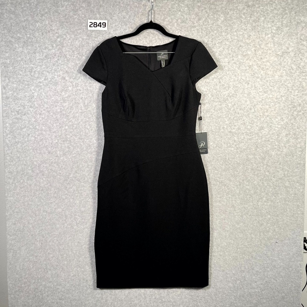 Adrianna Papell Sheath Dress Womens 6 Black‎ Stretch Surplice Neck Back Zip